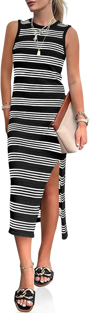 Wenrine Womens Summer Sundress Bodycon Midi Dress Sleeveless Casual Knit Striped Hollow Out Slit ... | Amazon (US)