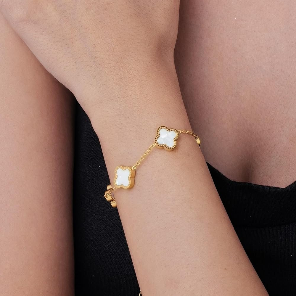 Amazon.com: Four Leaf Clover Bracelet Women Adjustable Gold Chain Jewelry with Floral Charms Wife... | Amazon (US)