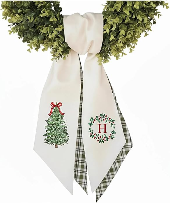 Christmas Wreath Sash with Personalized Letter Monogram, Embroidered Initial Christmas Bow, Linen... | Amazon (US)