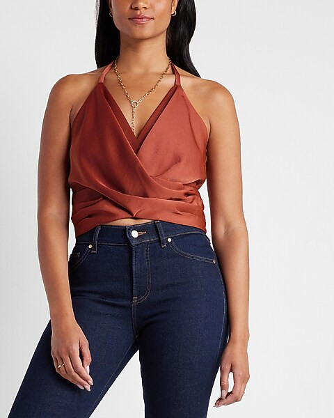 Satin Twist Front Tie Back Halter Cami | Express