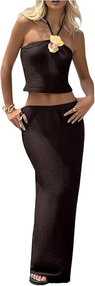Verdusa Women's 2 Piece Summer Outfits 3D Flower Tie Backless Crop Halter Tops with Maxi Skirt Ma... | Amazon (US)