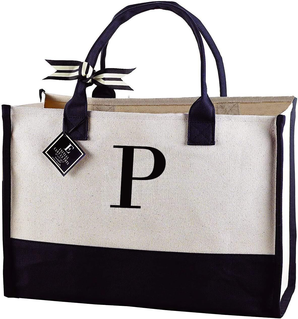 Mud Pie Classic Black and White Initial Canvas Tote Bags (P), 100% Cotton, 17" x 19" x 2" | Amazon (US)