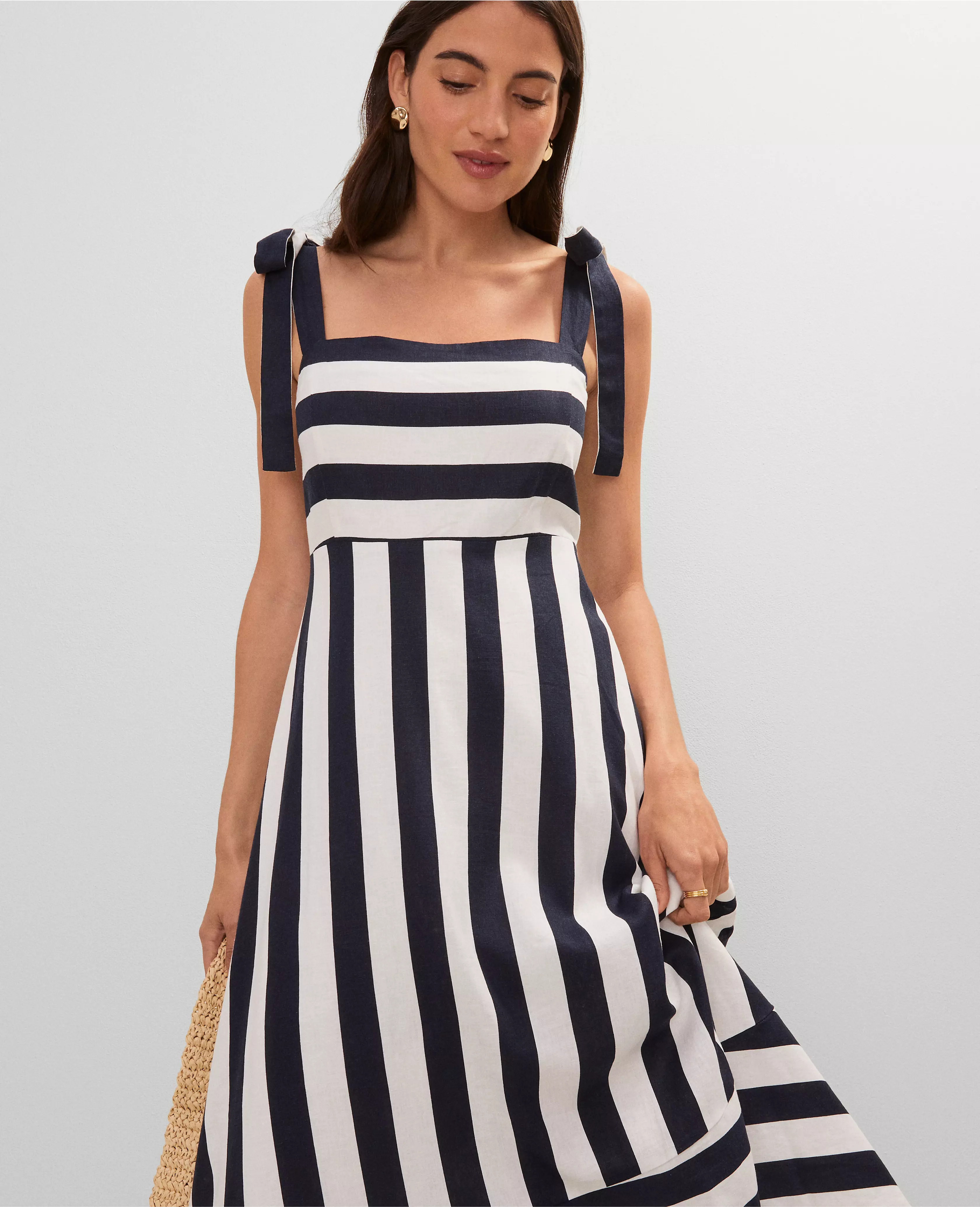 Weekend Collection Striped Linen Blend Midi Dress | Ann Taylor
