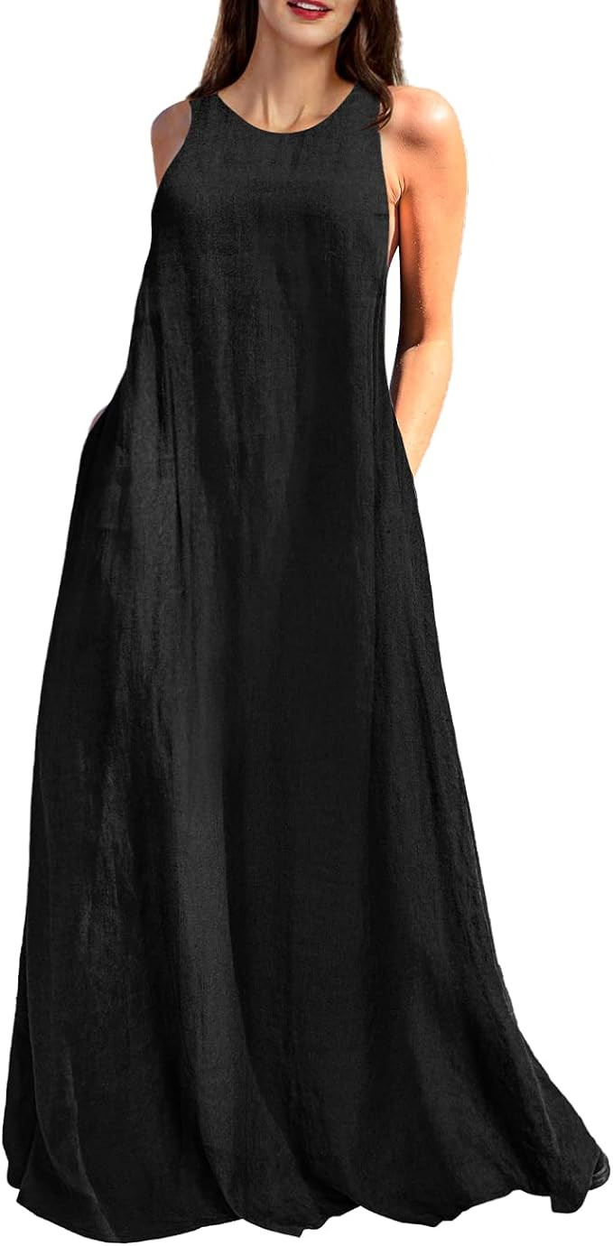 Rainday Women's Linen Dress Sleeveness Loose Dresses Casual Maxi Dress with Pockets | Amazon (US)