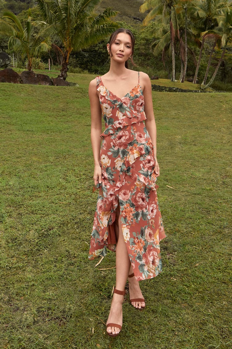 Notable Poise Rust Floral Print Lace-Up Ruffled Maxi Dress | Lulus (US)
