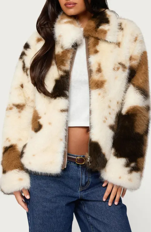 EDIKTED Rayan Cow Print Faux Fur Jacket in Mix at Nordstrom, Size Small | Nordstrom