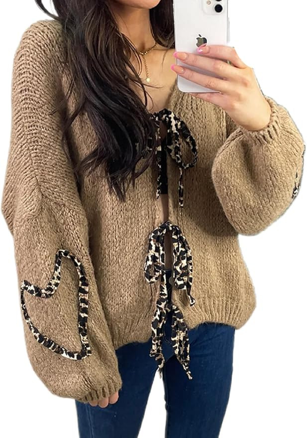 Women’s Tie Knot Leopard Heart Print Knit Cardigan Oversized V Neck Open Front Bandage Sweater ... | Amazon (US)