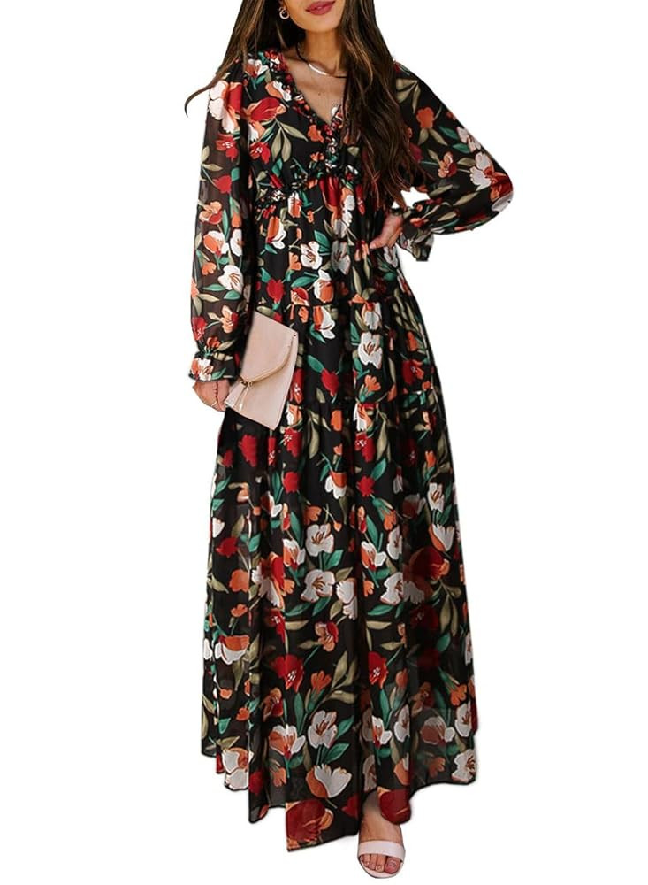 BLENCOT Womens Casual Boho Deep V Neck Short Sleeve Long Dress | Amazon (US)