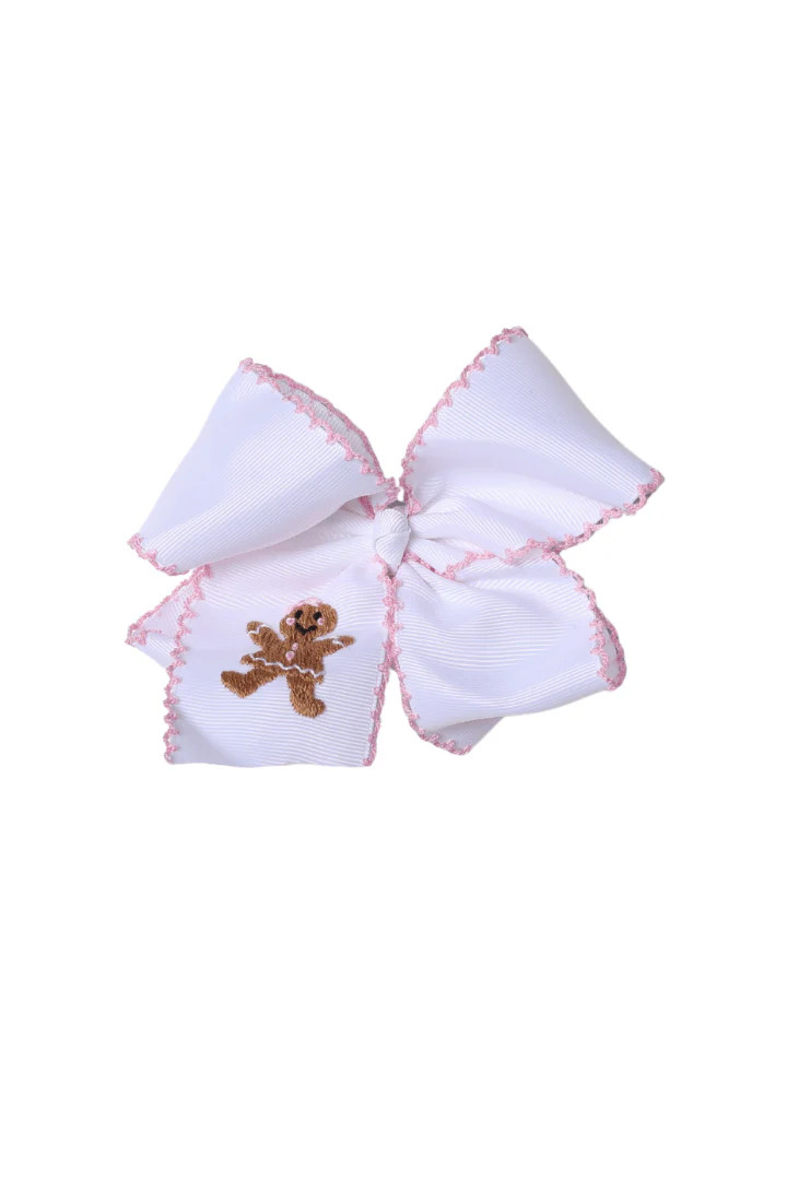 Embroidered Gingerbread Scalloped Edge Grosgrain Bow White/Pink | The Smocked Flamingo