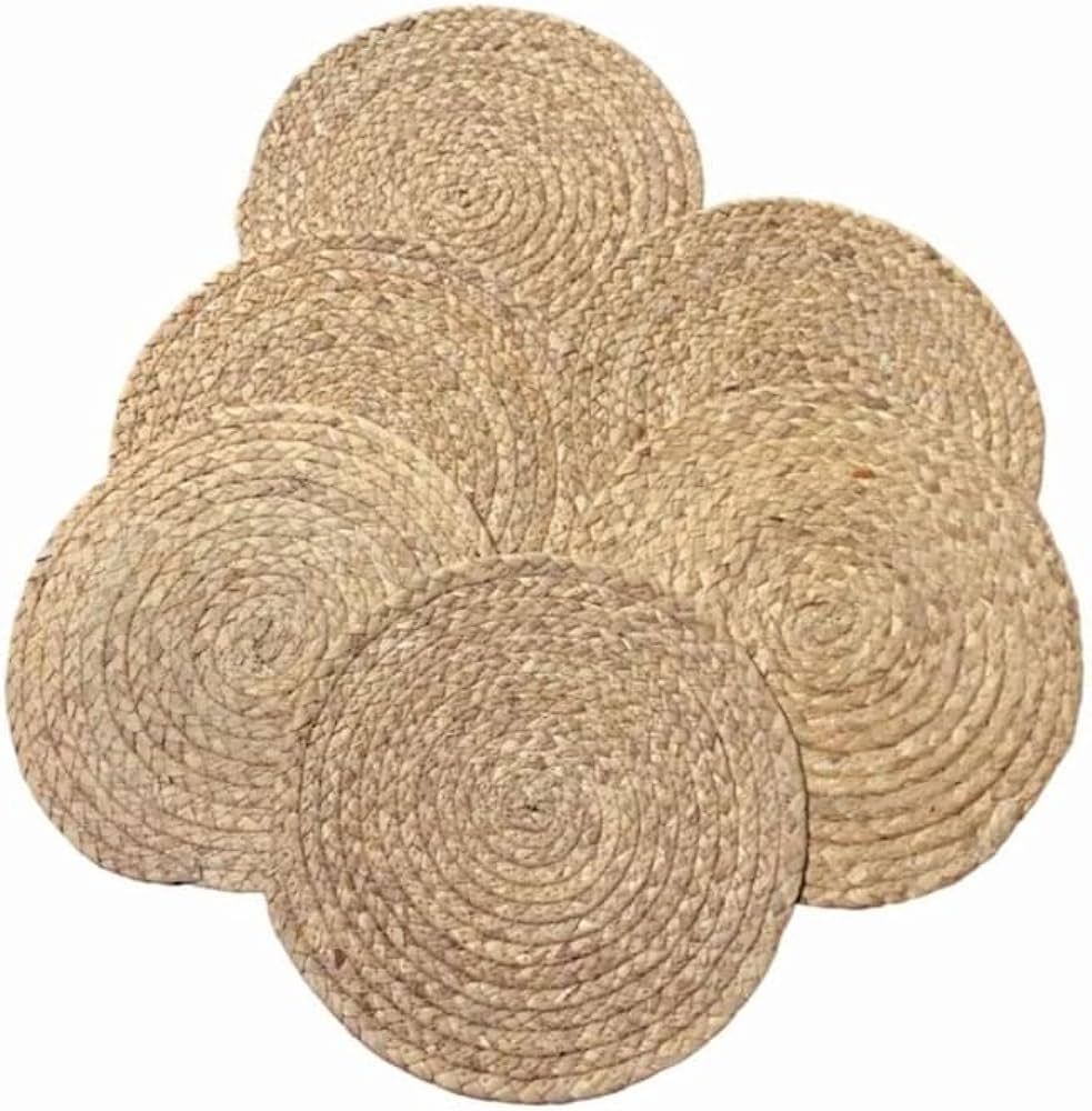 6 Pack, Round Woven Natural Water Hyacinth Placemats, Round Braided Rattan Tablemats for Home, Re... | Amazon (US)