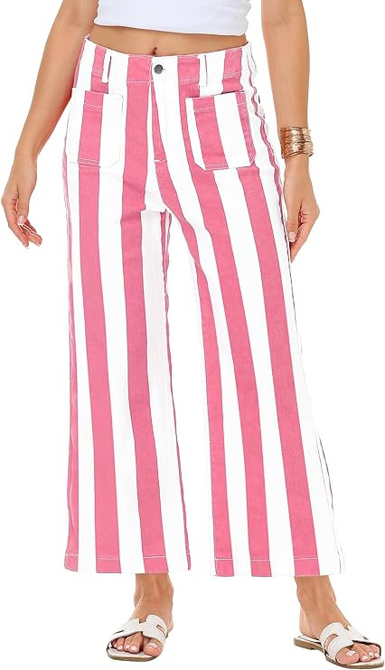 Women Striped Jeans Stretchy Cropped Vertical Denim Pants with Pockets | Amazon (US)