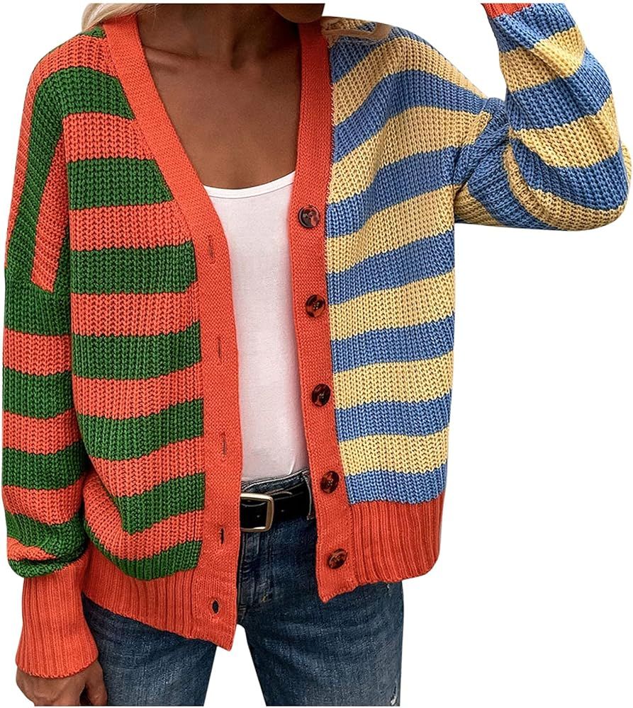 Womens V-Neck Sweaters Long Sleeve Button Down Cardigan Casual Knit Color Block Stripes Women's S... | Amazon (US)