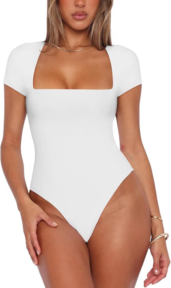 REORIA Womens Sexy Square Neck Double Lined Shirt Stretchy Basic Short Sleeve Going Out Thong Bod... | Amazon (US)