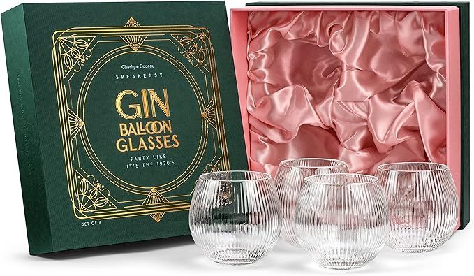Vintage Art Deco Gin and Tonic Balloon Glasses | Set of 4 | 13.5 oz Stemless Crystal Copas for Dr... | Amazon (US)