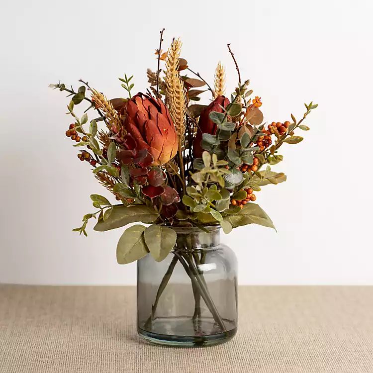 New! Protea and Eucalyptus Arrangement in Glass Vase | Kirkland's Home