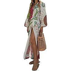 Recious Womens Sexy Long Puff Sleeve Deep V Neck Tied Waist Printed Bodycon Party Clubwear Dress | Amazon (US)
