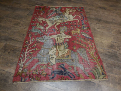 Authentic Hand Knotted Vintage Turkish Wool Hunting Village Made 3.1x4.6 Ft | eBay US