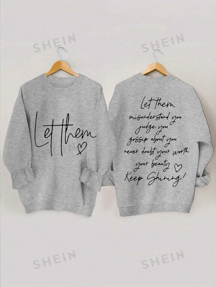 SHEIN EZwear Plus Size Women's Letter & Heart Printed Round Neck Sweatshirt | SHEIN
