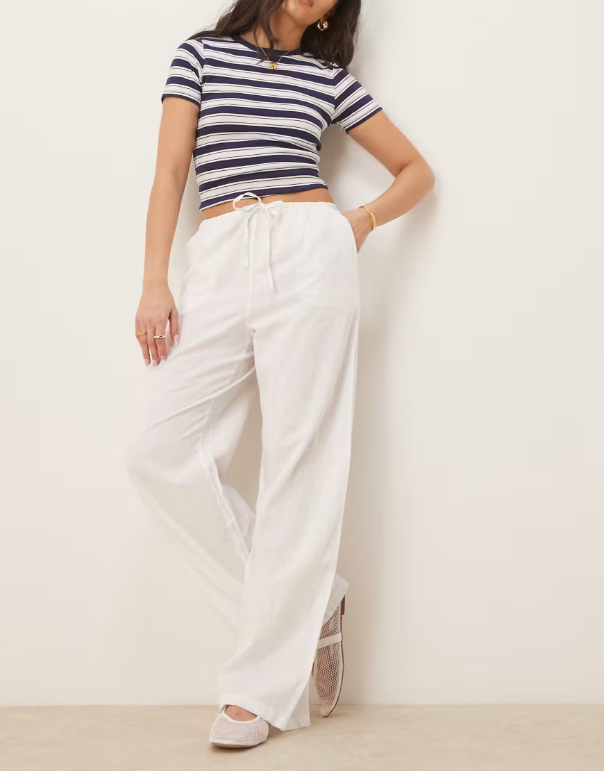 Gina Tricot wide leg linen blend trousers with drawstring waist in white | ASOS (Global)