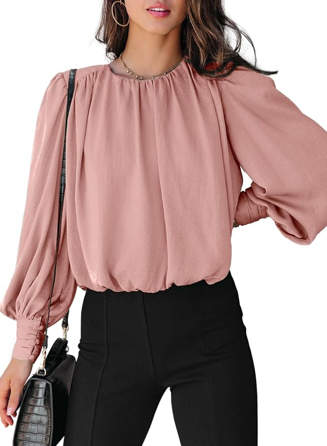 Dokotoo Women's Tops Blouses for Women Casual Long Sleeve Shirts Crew Neck Bohemian Solid Color S... | Amazon (US)