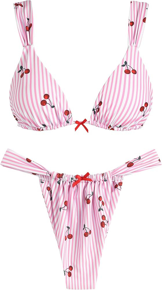 ZAFUL Bikini Sets for Women Triangle Bow Decor Ruffle Straps Lace up Swimsuit 2 Pieces High Cut B... | Amazon (US)