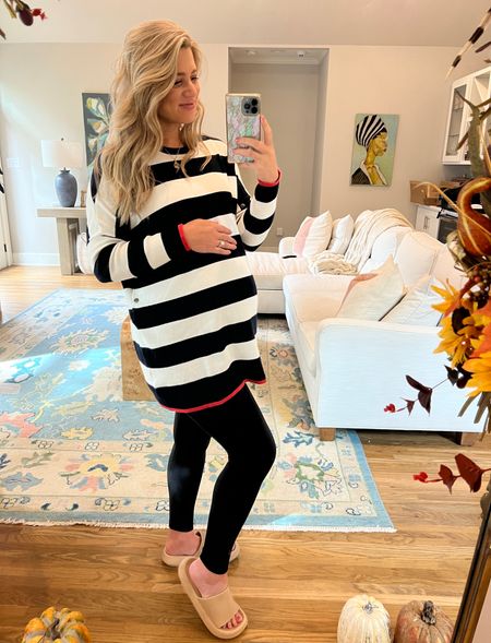 Will be living in this until labor/delivery…and then after that because this sweater is so perfect for the postpartum journey and beyond. Wearing size small in sweater, medium in leggings, 7.5-8.5 in slides. #pregnant #pregnancy #fall #fallsweaters #maternity 

#LTKSeasonal #LTKbump #LTKfindsunder100
