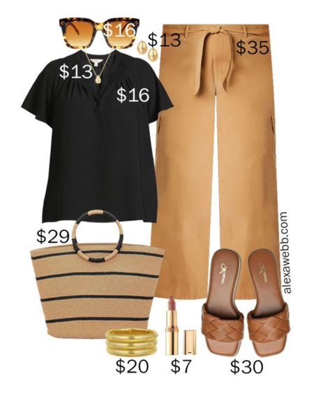 Plus Size on a Budget – Neutral Summer Work Outfit - A plus size business casual outfit for summer with neutral colors. A plus size black short sleeved blouse with camel brown pants and woven slide sandals. Alexa Webb #plussize

#LTKStyleTip #LTKPlusSize #LTKOver40