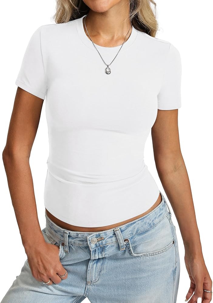 Womens Cotton Crew Neck Short Sleeve Shirts Summer Top Fashion Round Neck Crop Tops Basic Going O... | Amazon (US)