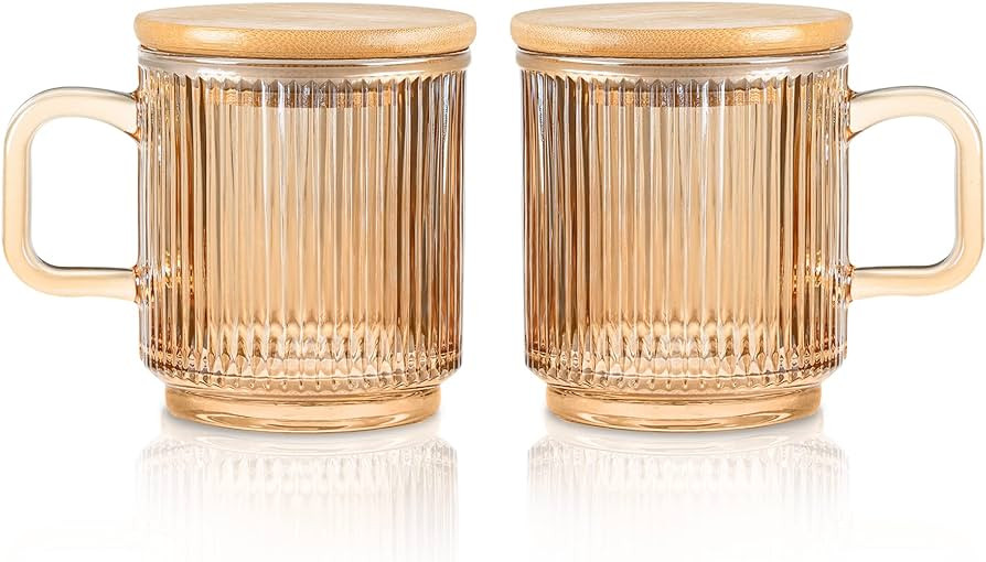 Joeyan Amber Glass Coffee Mugs Set of 2-11.5 oz Striped Coffee Cups with Lid - Large Drinking Gla... | Amazon (US)