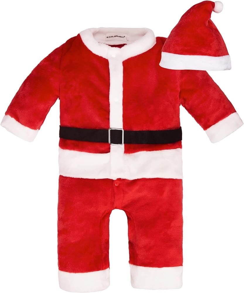 BIG ELEPHANT Unisex Baby 1 Piece Warm Christmas Long Sleeve Romper Pajama with Hat | Amazon (US)