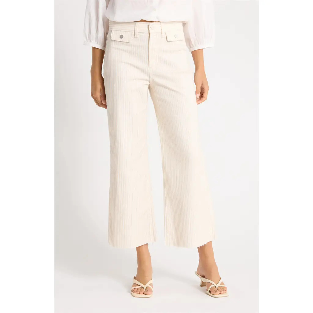 PAIGE Anessa Button Pocket Raw Hem High Waist Wide Leg Jeans in Tonal Stripe at Nordstrom, Size 32 | Nordstrom