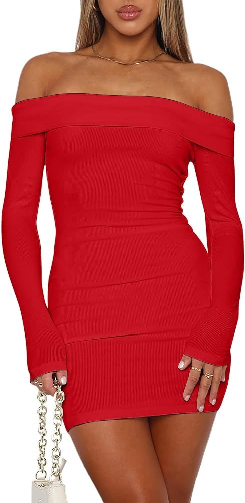 Women's Sexy Elegant Off The Shoulder Long Sleeve Dress Ribbed Party Mini Dresses | Amazon (US)