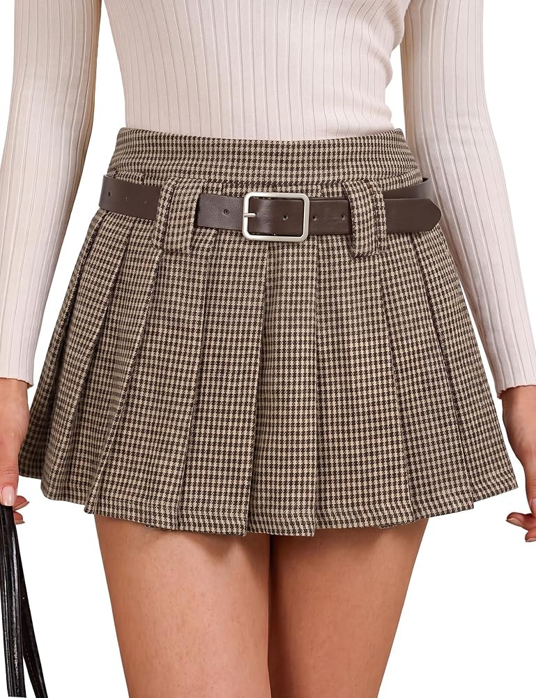 FOMELY Womens High Waisted Pleated Skirt Y2K Casual Mini Skirt with Belt | Amazon (US)