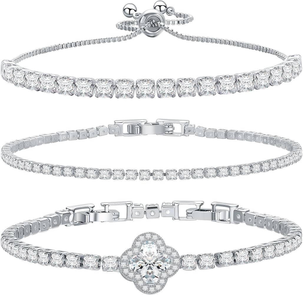 14K Gold Plated Tennis Bracelet Cubic Zirconia Classic Adjustable Bracelet Silver Bracelets for W... | Amazon (US)
