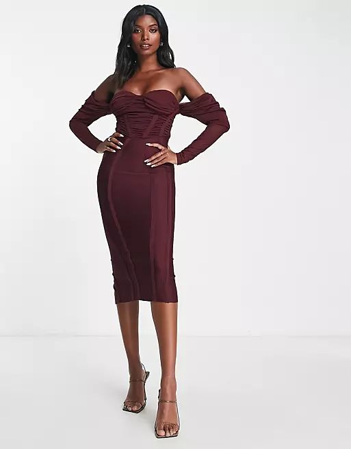 ASOS DESIGN off shoulder bandage corset midi dress in wine | ASOS (Global)