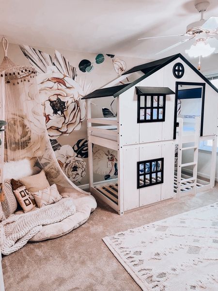 Twin size Playhouse bunk bed for toddlers / kids.  So fun!! Similar Canopy and cushion linked 

#LTKhome #LTKkids #LTKfamily