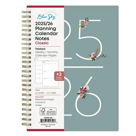 Blue Sky 2025-2026 Weekly and Monthly Academic Year Planner Calendar, July 2025 - June 2026, 5.875" x 8.625", Frosted Flexible Cover, Wirebound, Laminated Tabs, Greta | Walmart (US)
