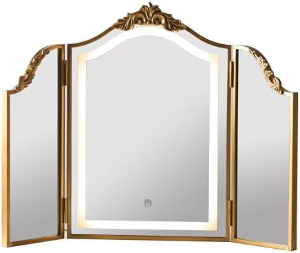 Antique Gold Triple Fold Makeup Mirror with Tri-Color LED Lighting & Dimming, Baroque Carved Arch... | Amazon (US)