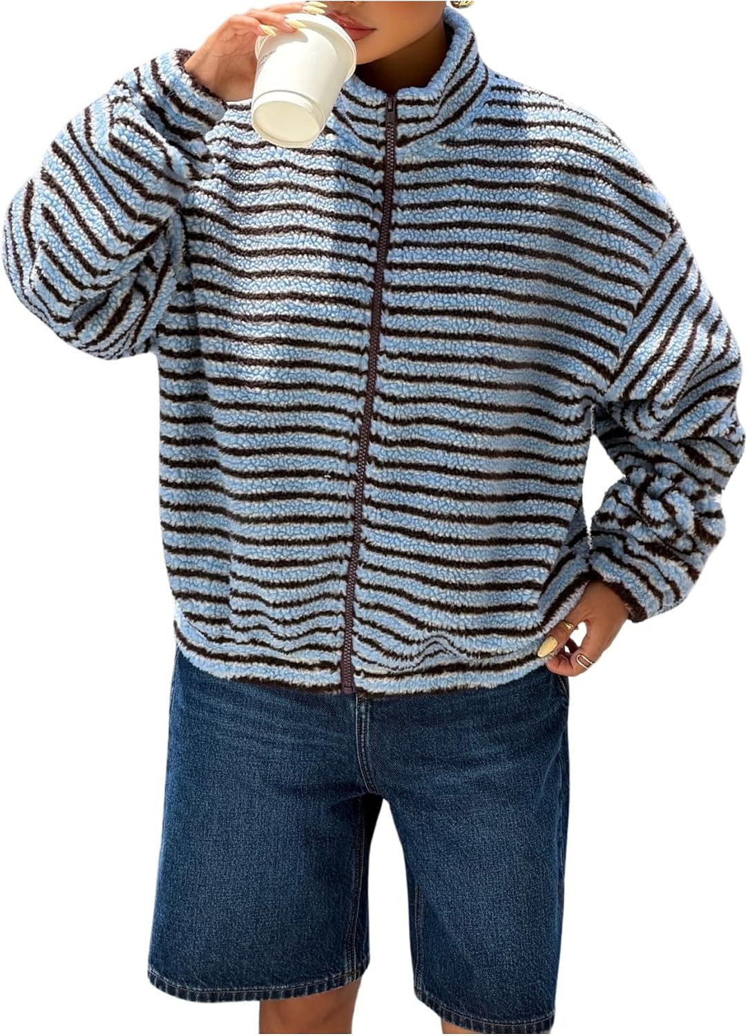 MakeMeChic Women's Striped Fleece Jacket Zip Up Y2k Funnel Neck Jackets | Amazon (US)