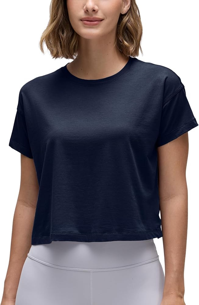 CRZ YOGA Pima Cotton Relaxed Crop T-Shirts for Women - Workout Athletic Gym Casual Short Sleeve S... | Amazon (US)