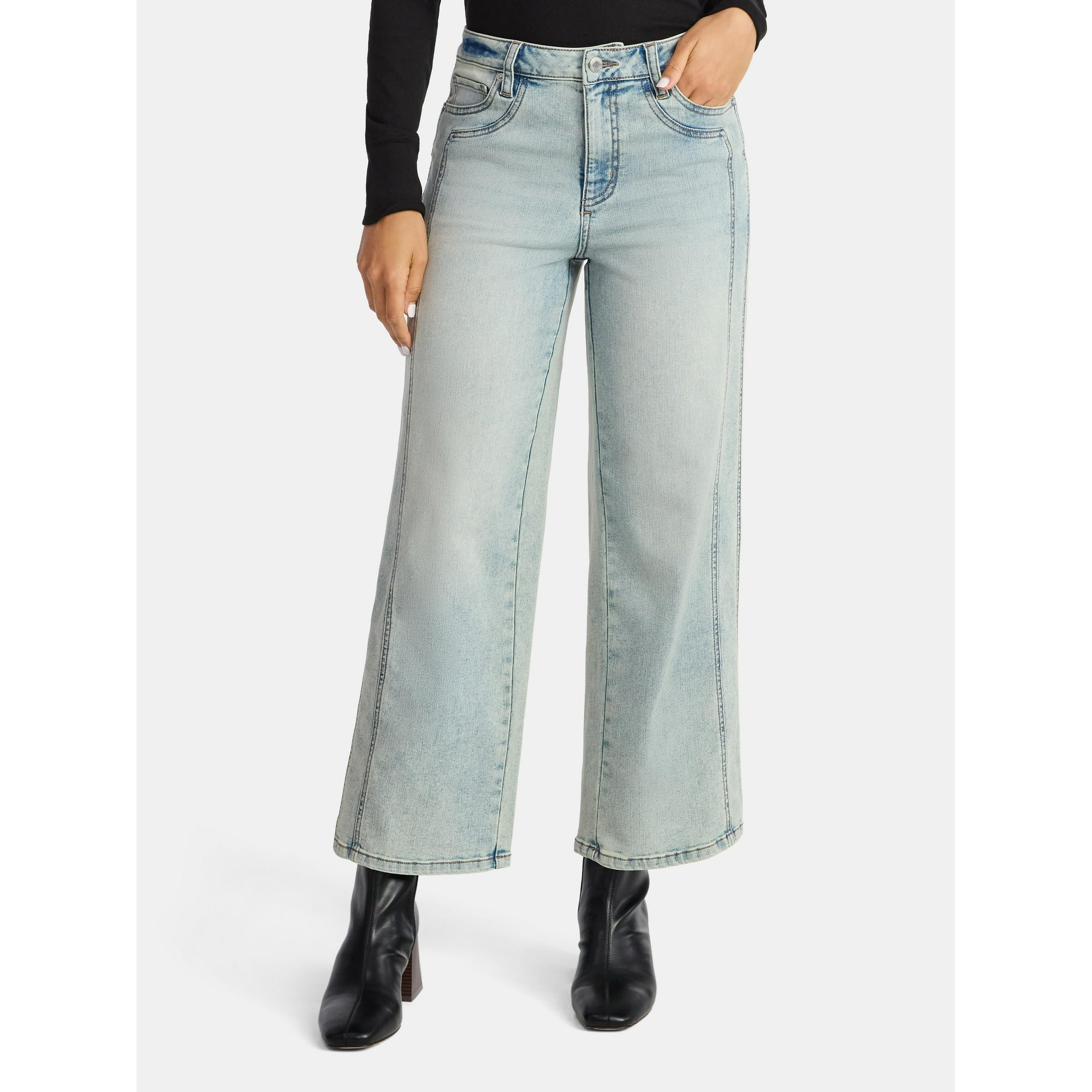 Time and Tru Women's High Rise Wide Leg Cropped Jeans with Side Seam Details, 27" Inseam, Sizes 0... | Walmart (US)