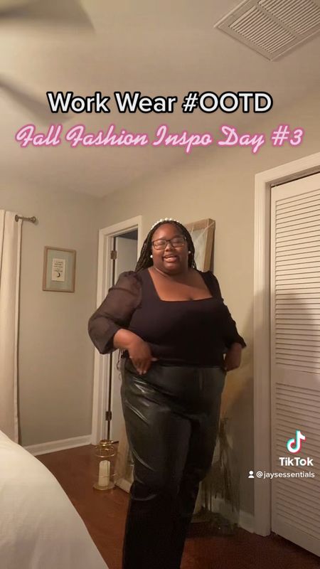 Fall inspired plus size outfit! Plus size leather pants with black loafers, black puff sleeved shirt with a pearl headband and pearl earrings.

#LTKcurves #LTKstyletip #LTKSeasonal