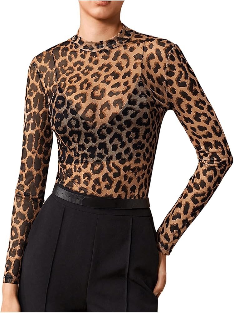 Floerns Women's Leopard Print Sheer Mesh Long Sleeve Tee Shirts Without Bra | Amazon (US)