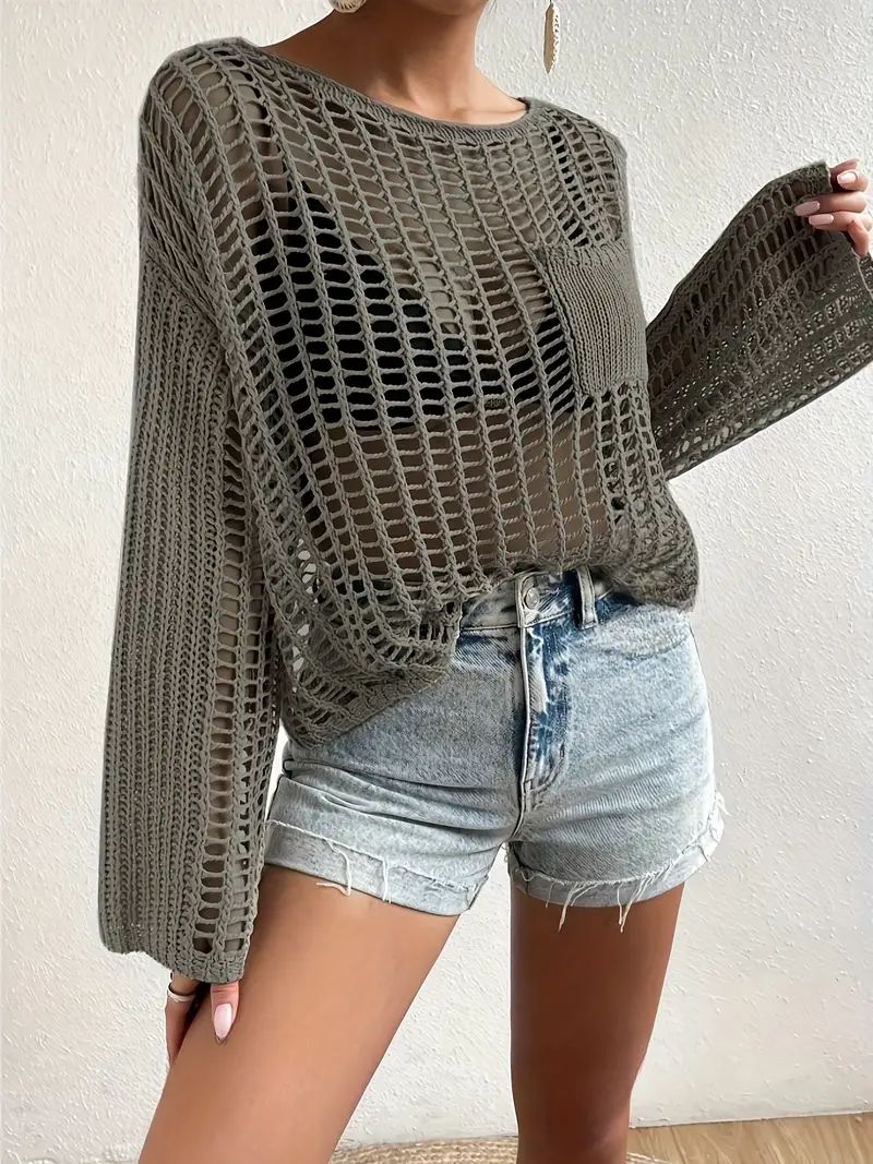 Hollow Out Chest Pocket Knitted Pullover, Casual Long Sleeve Crew Neck Cover Up Top, Women's Clot... | Temu Affiliate Program