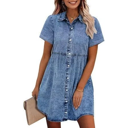Denim Dress for Women Babydoll Tiered Short Sleeve Button Down Jean Shirt Dresses | Walmart (US)