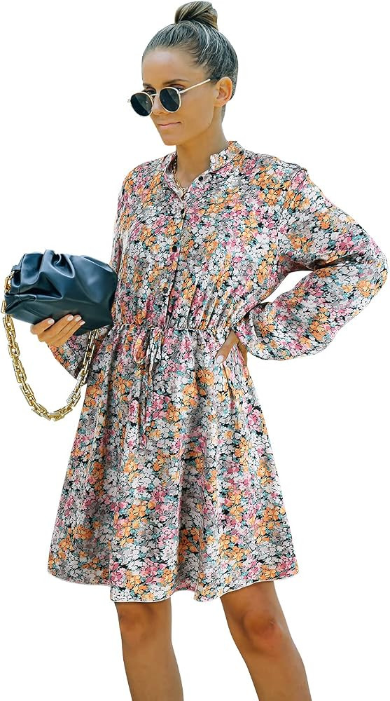 YYW Women's Dress Floral Printed Ruffle High-Waist Tie Elegant Roundneck Long Sleeve Mini Leopard Sh | Amazon (US)