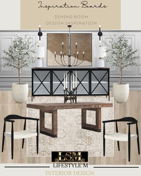 Dining room inspiration. Recreate the look at home. Black dining chairs, wood dining table, dining room rug, wood floor tile, black glass buffet credenza console, white tree planter pot, faux fake tree, candle holder, wall art, dining room chandelier, black wall sconce light, table lamp.

#LTKFind #LTKstyletip #LTKhome