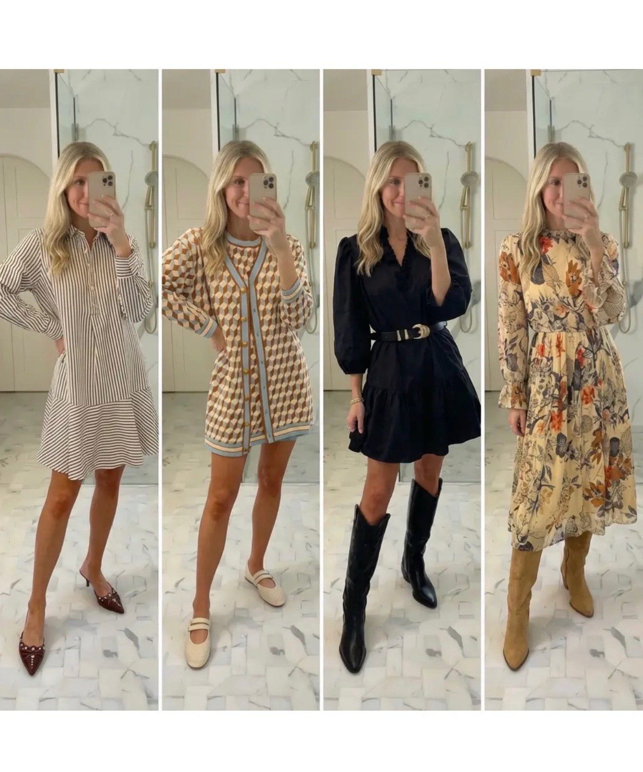 fixtures.
Look one: a crisp striped long-sleeve mini dress styled with pointed brown flats, effortless and polished.
Look two: a geometric knit mini dress with soft blue trim, paired with neutral loafers for a chic daytime look.
Look three: a black belted mini dress with subtle puff sleeves, styled with knee-high black boots for a classic, confident silhouette.
Look four: a flowy neutral floral midi dress paired with tan suede knee-high boots, blending femininity and warmth.
Overall aesthetic is clean, refined, and Pinterest-worthy with a quiet luxury, modern classic vibe—perfect for fall transitions, everyday elegance, and capsule wardrobe inspiration.

⸻

Hashtags:

#everydayoutfits #falloutfitideas #classicstyle #modernclassic
#quietluxury #chicstyle #wardrobeinspo #outfitinspiration
#fallfashion #capsulewardrobe #effortlessstyle #womensfashion
#dressinspo #neutralstyle #timelessfashion #ootdinspo
#mirrorstyle #elevatedbasics #falllooks #styleinspo

#LTKdayinmylife #LTKgrwm #LTKootd