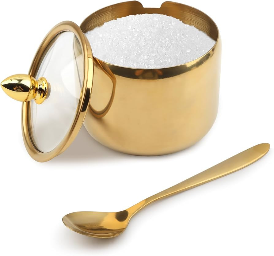 10oz Sugar Bowl with Clear Lid and Spoon, Gold or Silver Stainless Steel Small Condiment Containe... | Amazon (US)