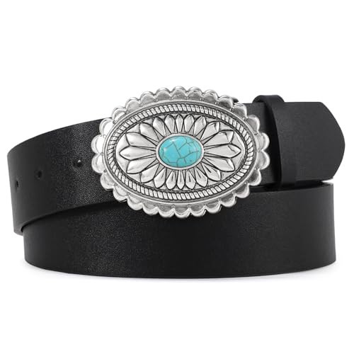 XZQTIVE Women Western Leather Belt Vintage Country Belts For Cowgirl Jeans Dresses Ladies Concho Belt With Turquoise Buckle | Amazon (US)